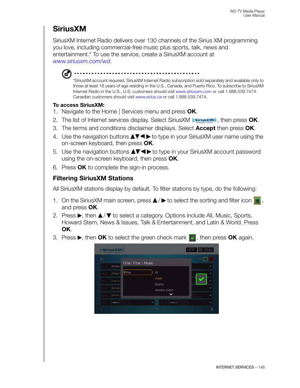 Siriusxm, Filtering siriusxm stations | Western Digital WD TV User Manual User Manual | Page 153 / 244