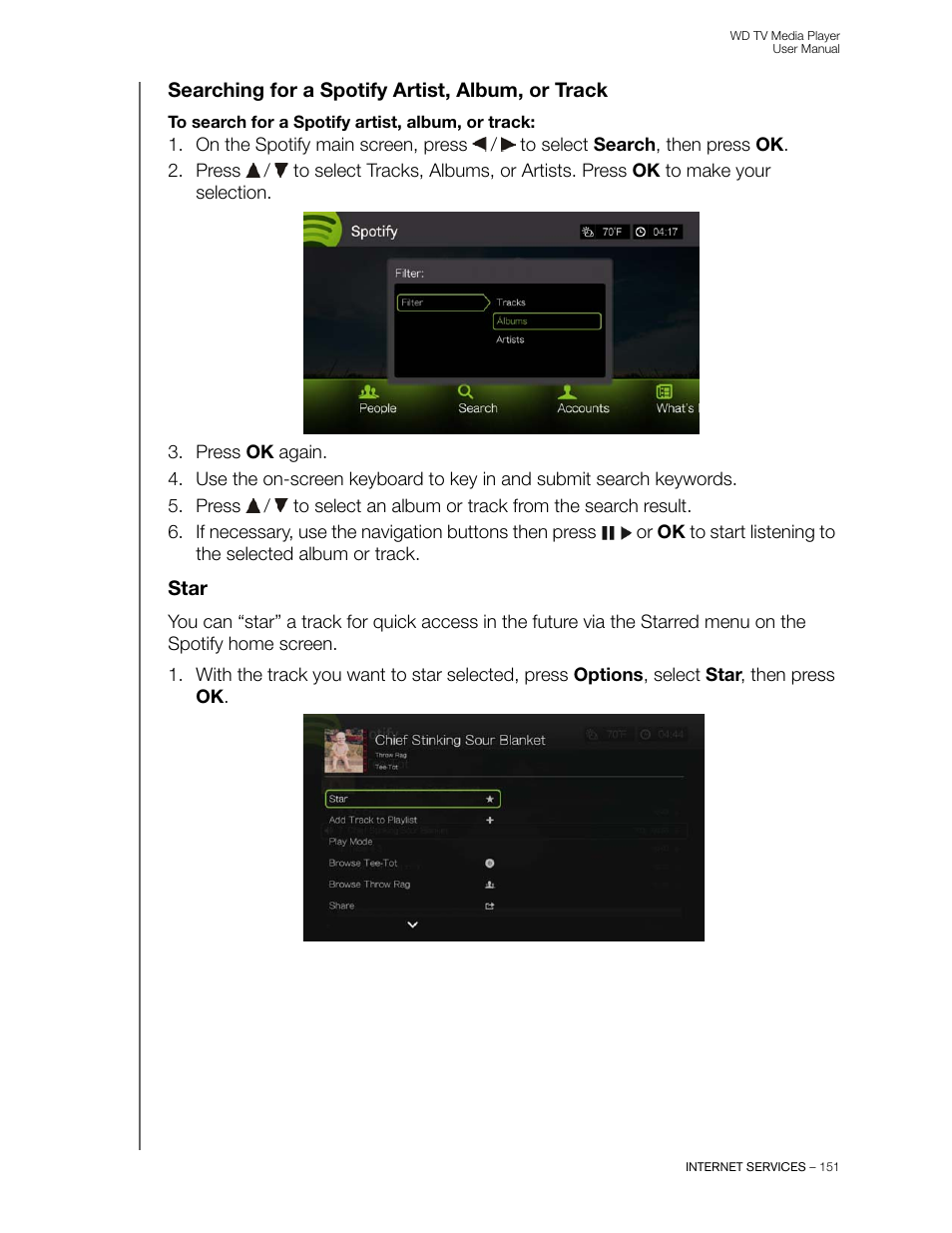Searching for a spotify artist, album, or track, Star | Western Digital WD TV User Manual User Manual | Page 156 / 244