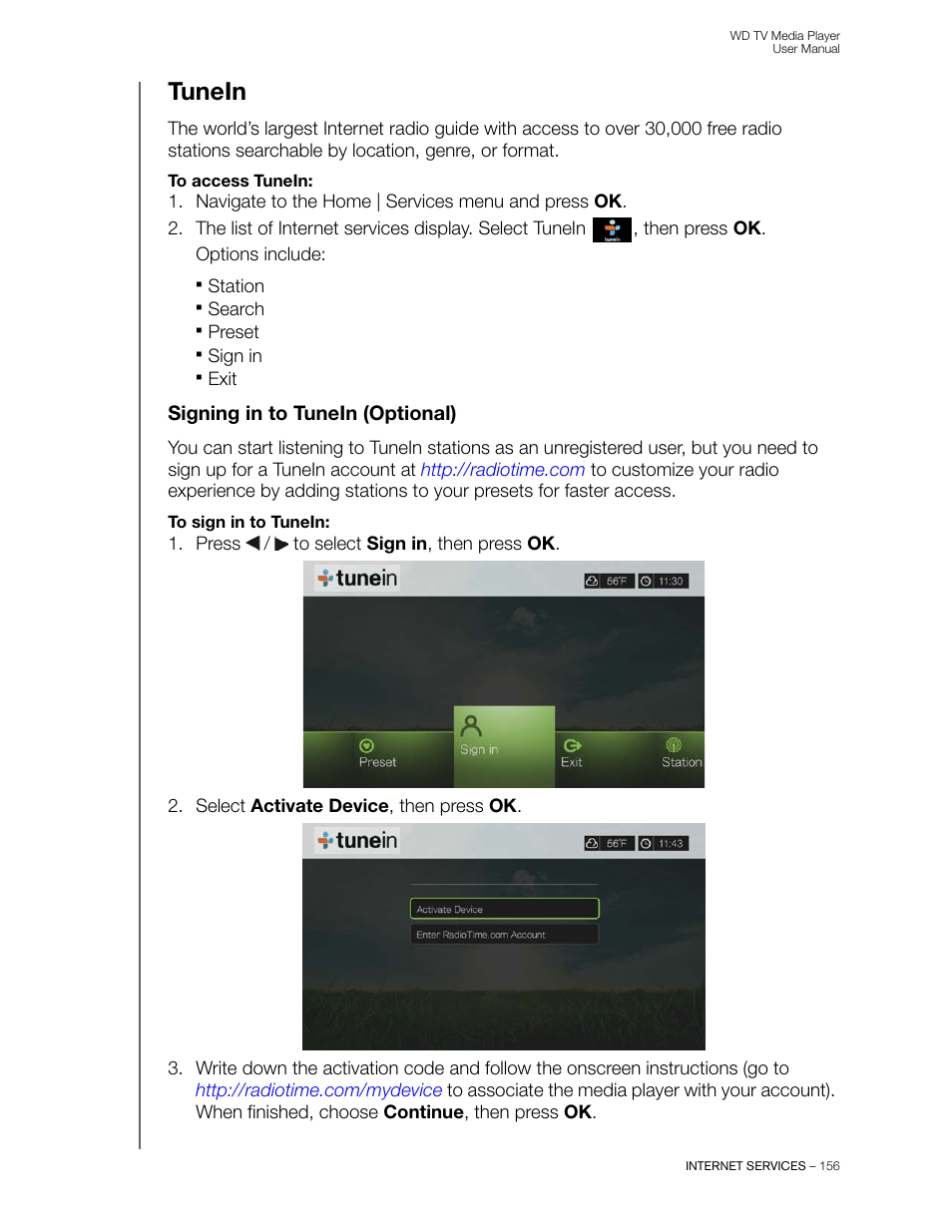 Tunein, Signing in to tunein (optional) | Western Digital WD TV User Manual User Manual | Page 161 / 244