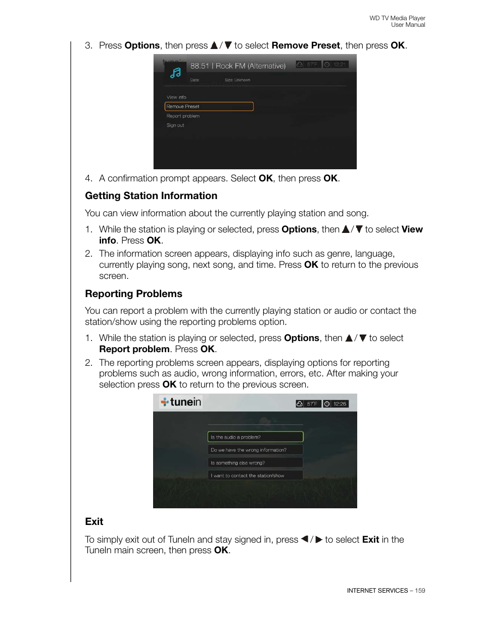 Getting station information, Reporting problems, Exit | Western Digital WD TV User Manual User Manual | Page 164 / 244