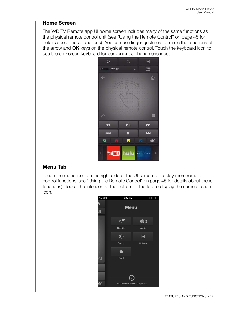 Home screen, Menu tab | Western Digital WD TV User Manual User Manual | Page 17 / 244