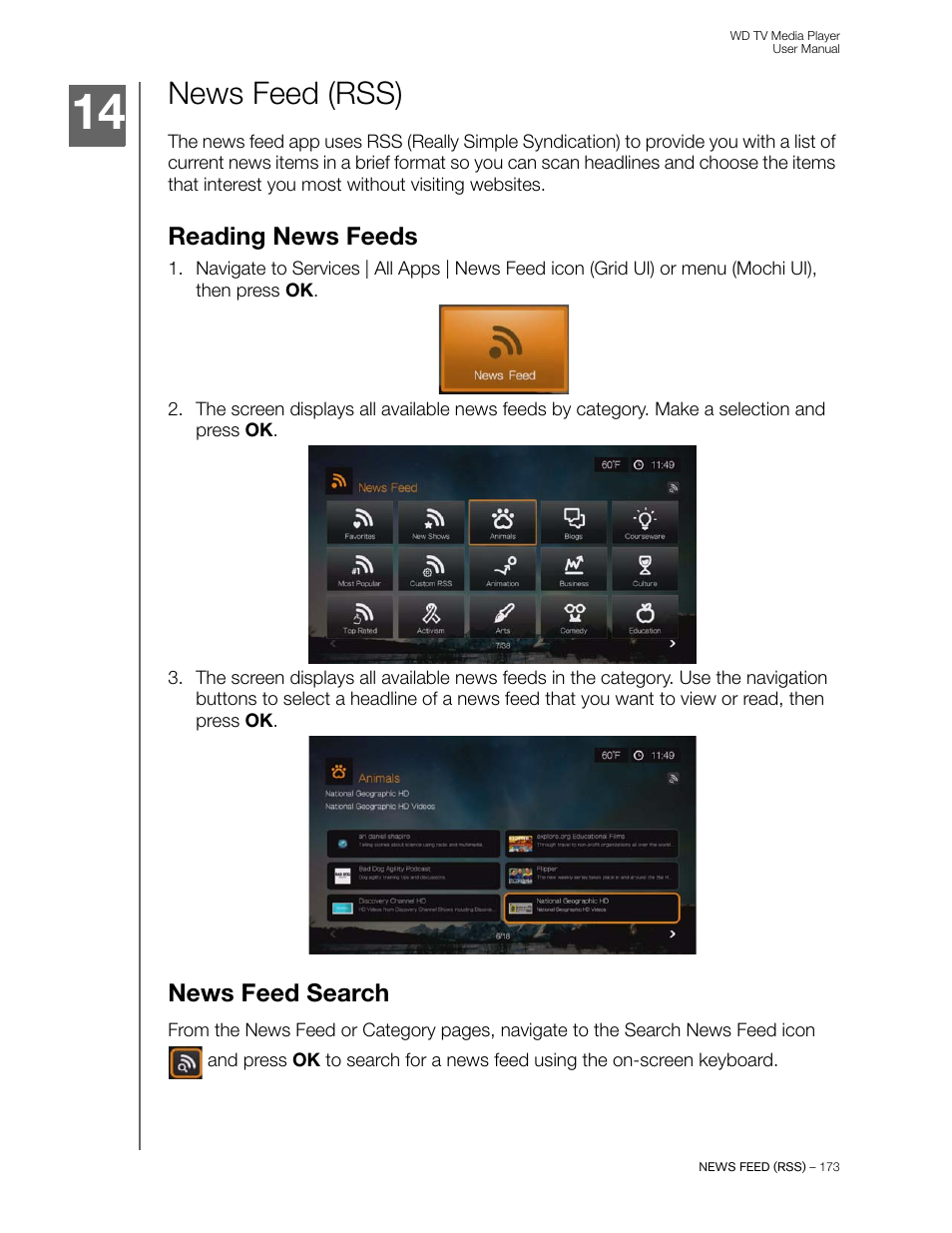 News feed (rss), Reading news feeds, News feed search | Western Digital WD TV User Manual User Manual | Page 178 / 244