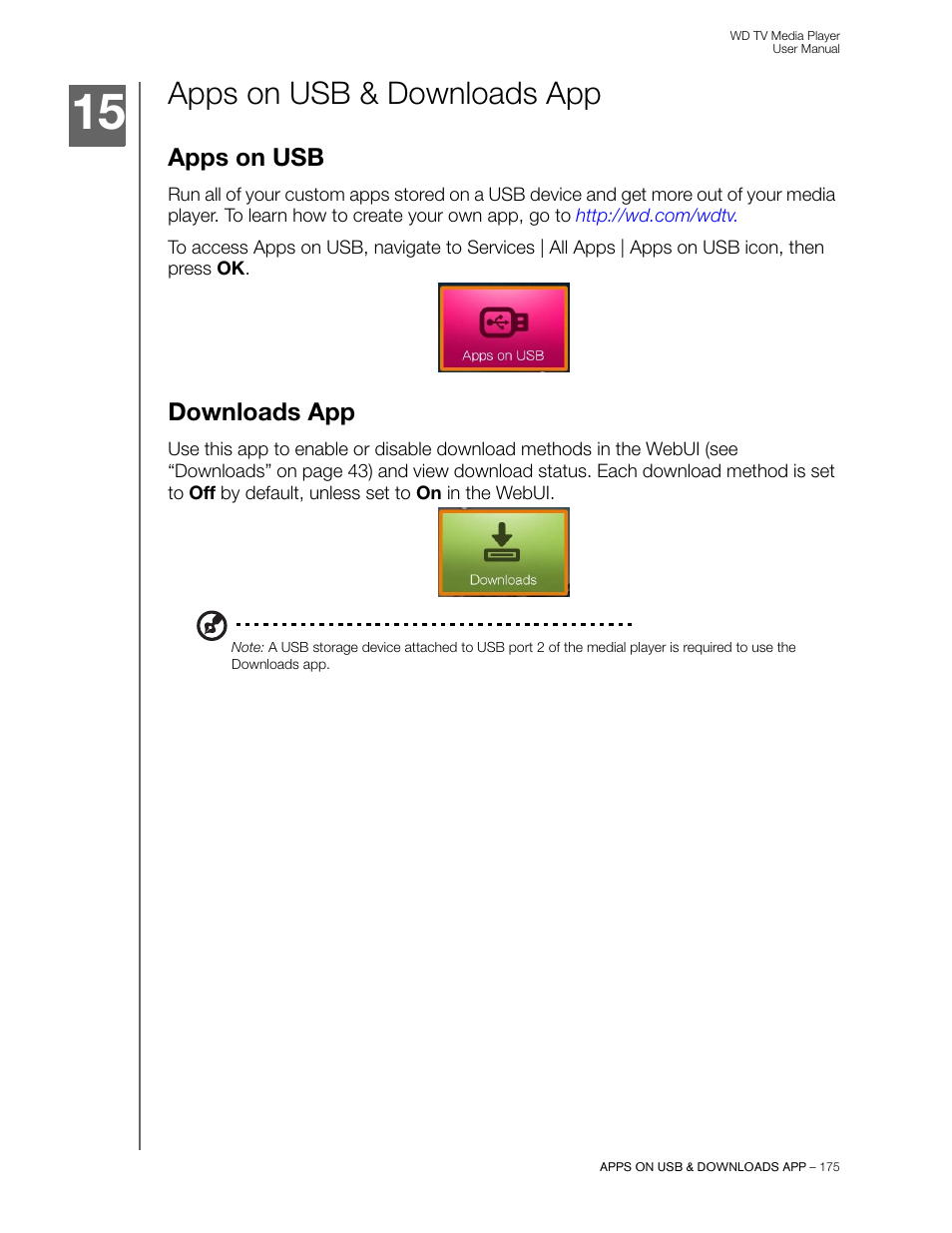 Apps on usb & downloads app, Apps on usb, Downloads app | Western Digital WD TV User Manual User Manual | Page 180 / 244