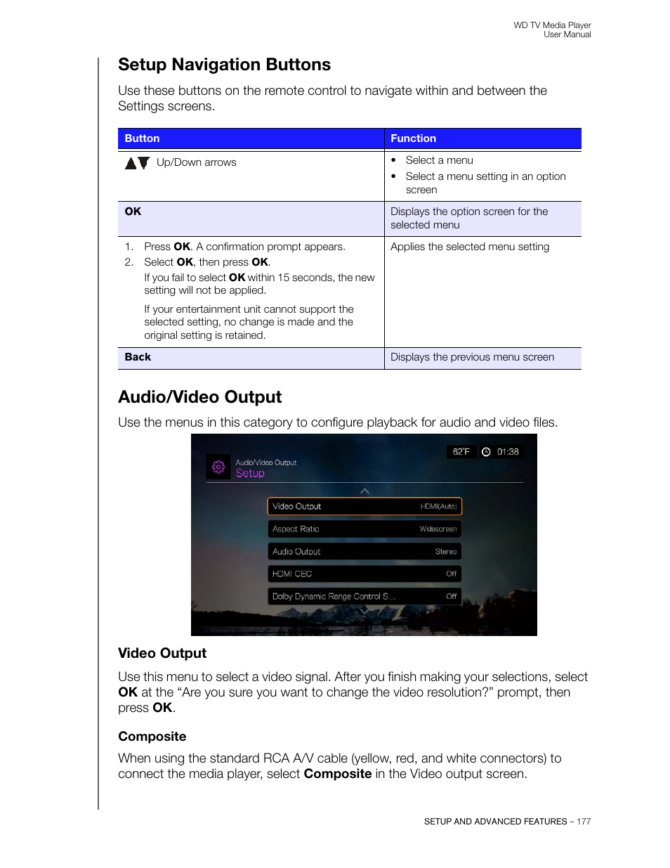 Setup navigation buttons, Audio/video output, Video output | Composite | Western Digital WD TV User Manual User Manual | Page 182 / 244