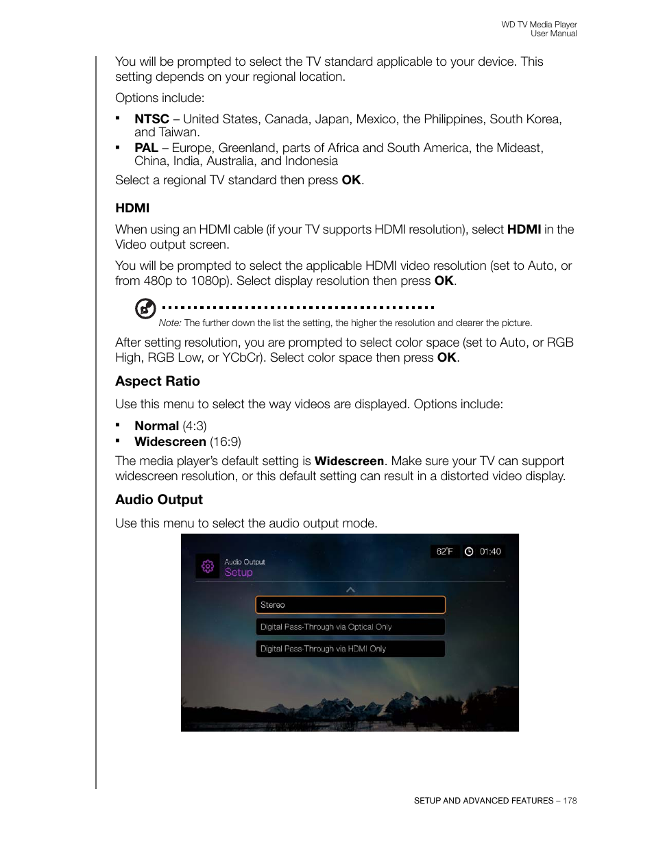 Hdmi, Aspect ratio, Audio output | Western Digital WD TV User Manual User Manual | Page 183 / 244