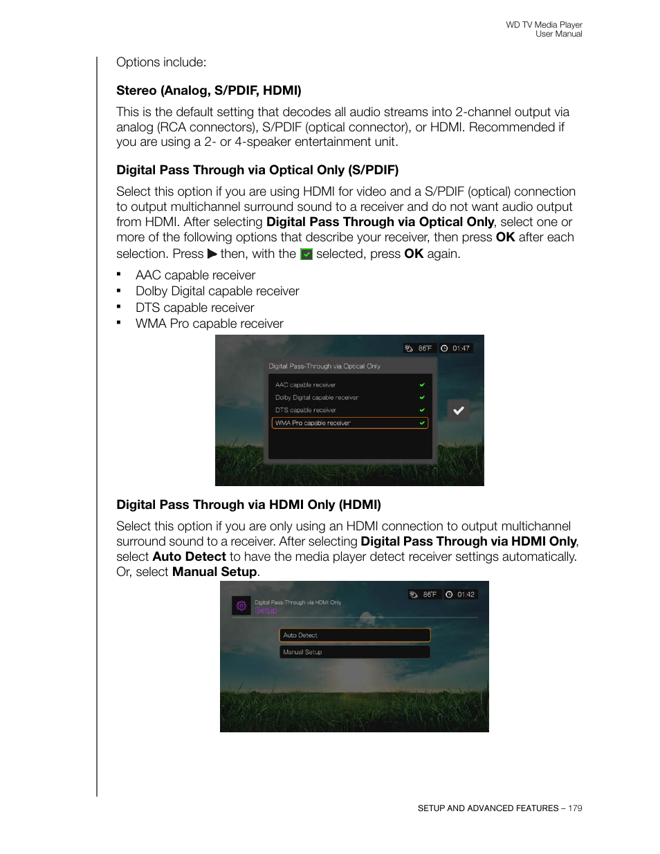 Stereo (analog, s/pdif, hdmi), Digital pass through via optical only (s/pdif), Digital pass through via hdmi only (hdmi) | Western Digital WD TV User Manual User Manual | Page 184 / 244