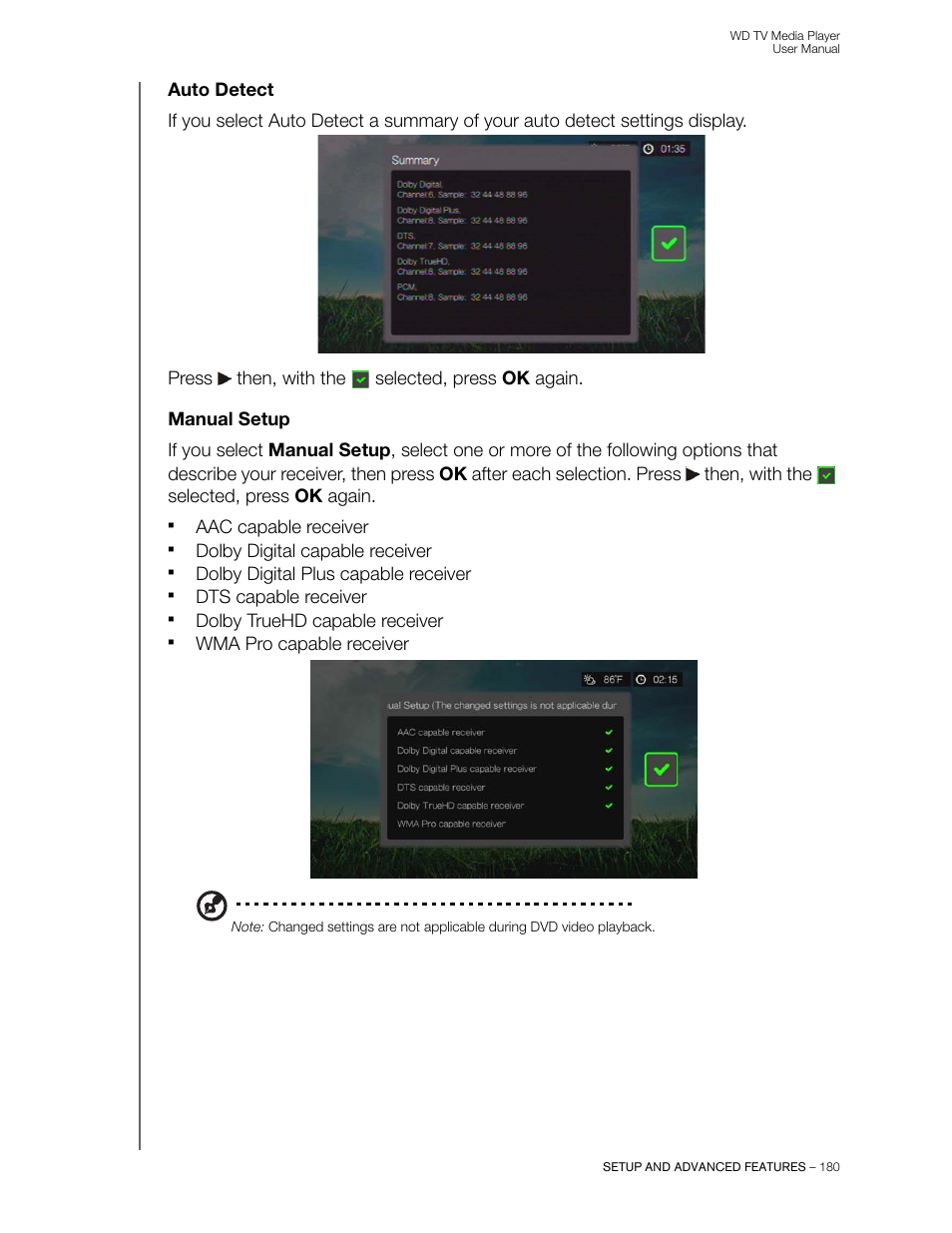 Auto detect, Manual setup | Western Digital WD TV User Manual User Manual | Page 185 / 244