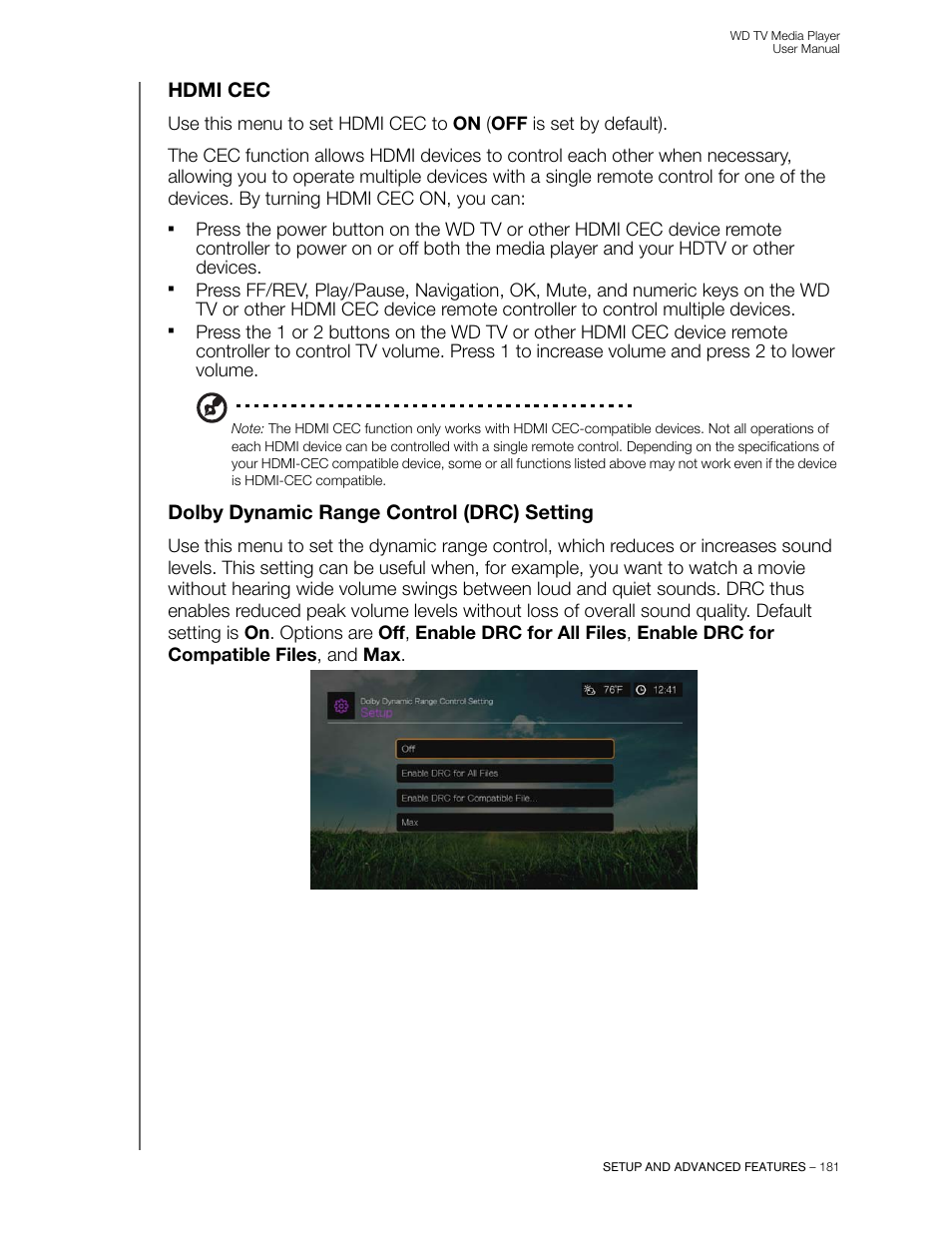 Hdmi cec, Dolby dynamic range control (drc) setting | Western Digital WD TV User Manual User Manual | Page 186 / 244