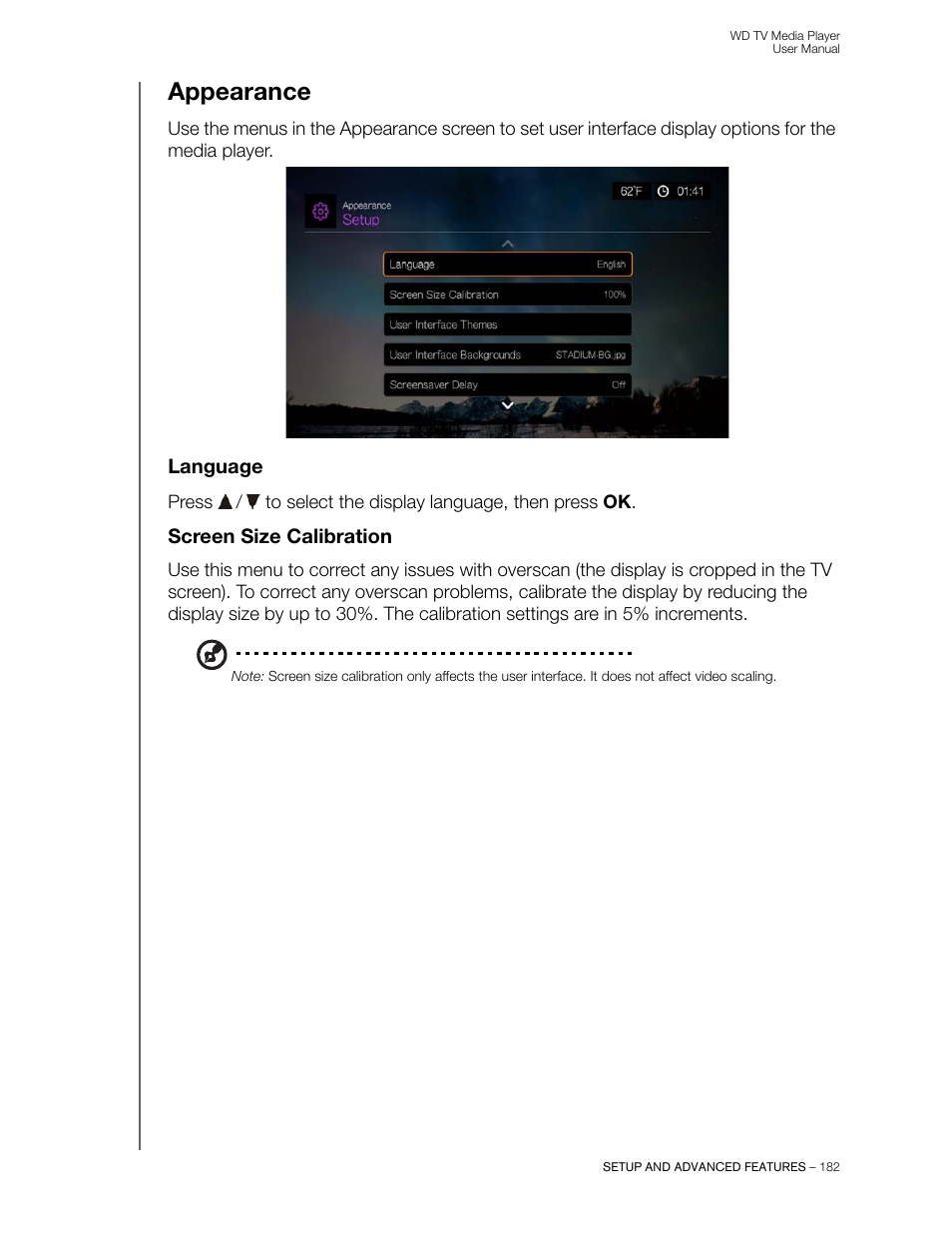 Appearance, Language, Screen size calibration | Western Digital WD TV User Manual User Manual | Page 187 / 244