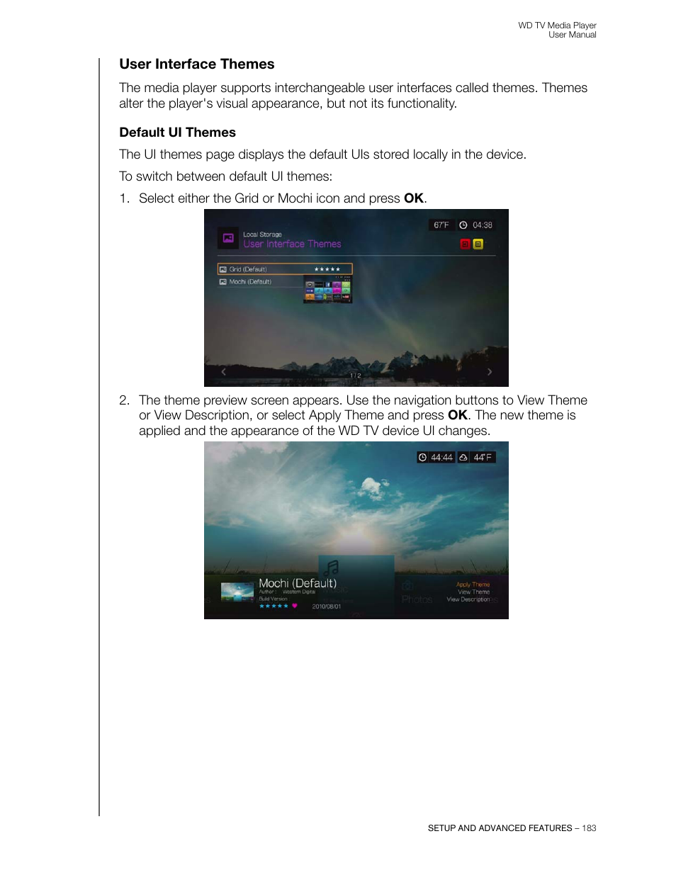 User interface themes, Default ui themes | Western Digital WD TV User Manual User Manual | Page 188 / 244