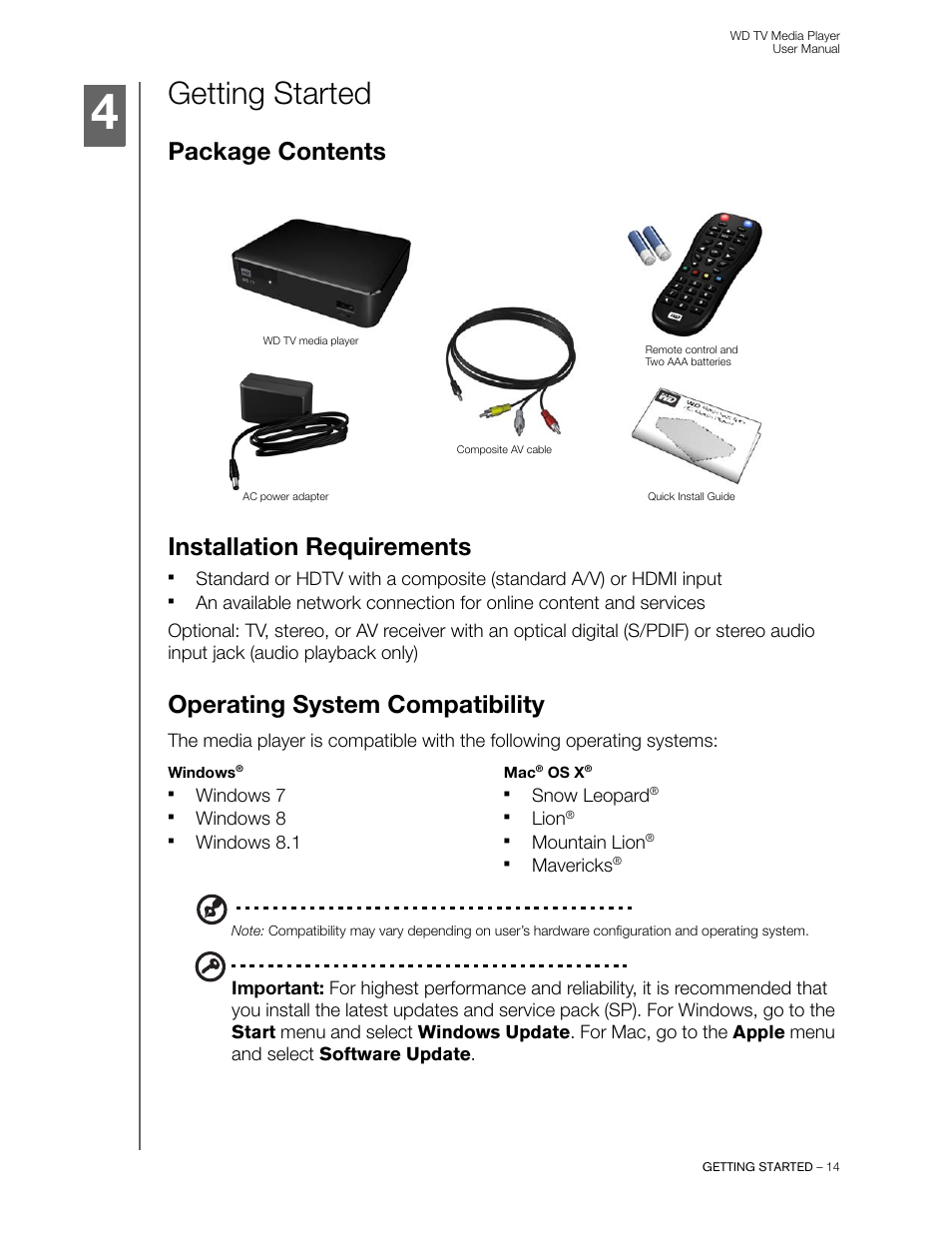Getting started, Package contents, Installation requirements | Operating system compatibility, Package contents installation requirements | Western Digital WD TV User Manual User Manual | Page 19 / 244