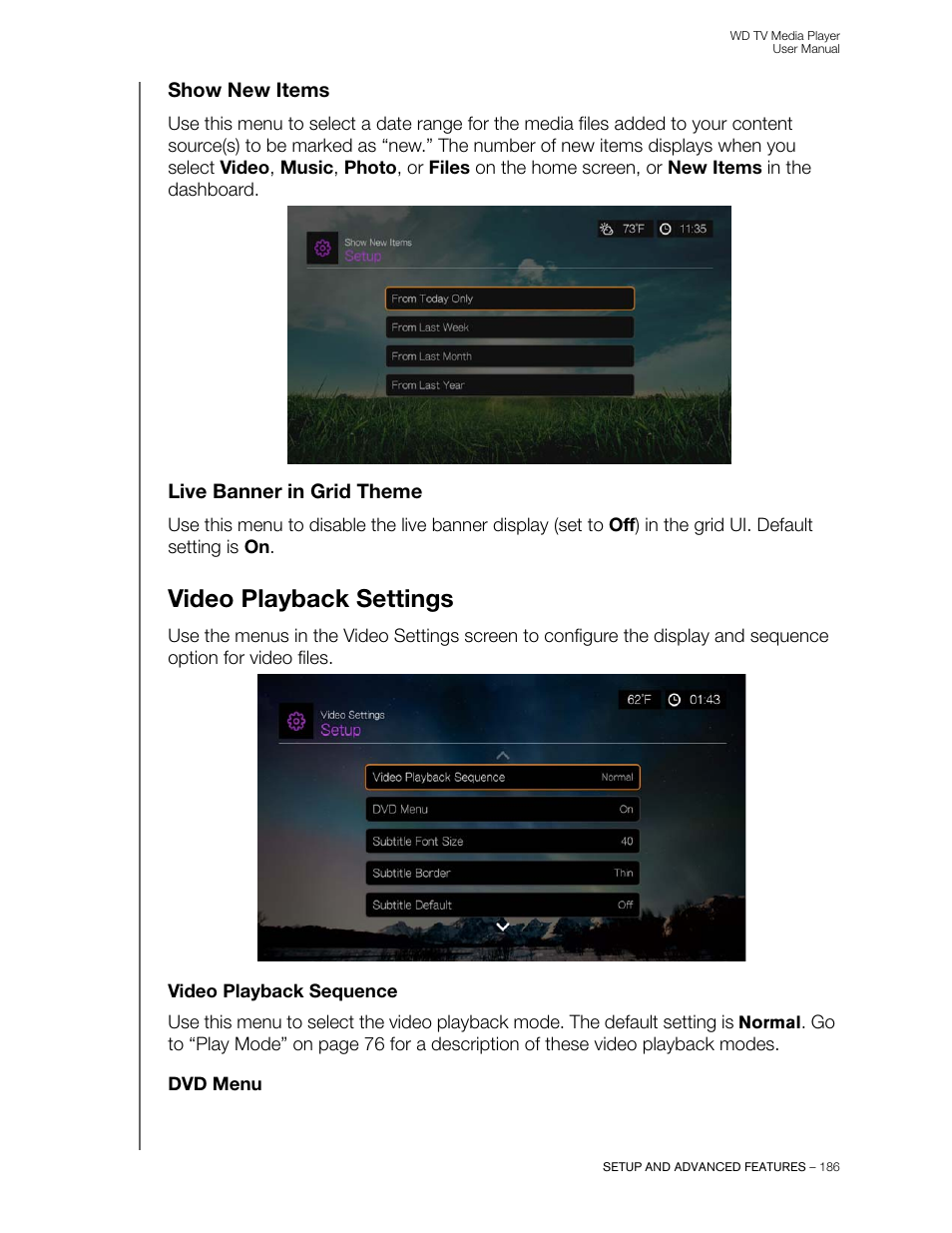Show new items, Live banner in grid theme, Video playback settings | Video playback sequence, Dvd menu | Western Digital WD TV User Manual User Manual | Page 191 / 244