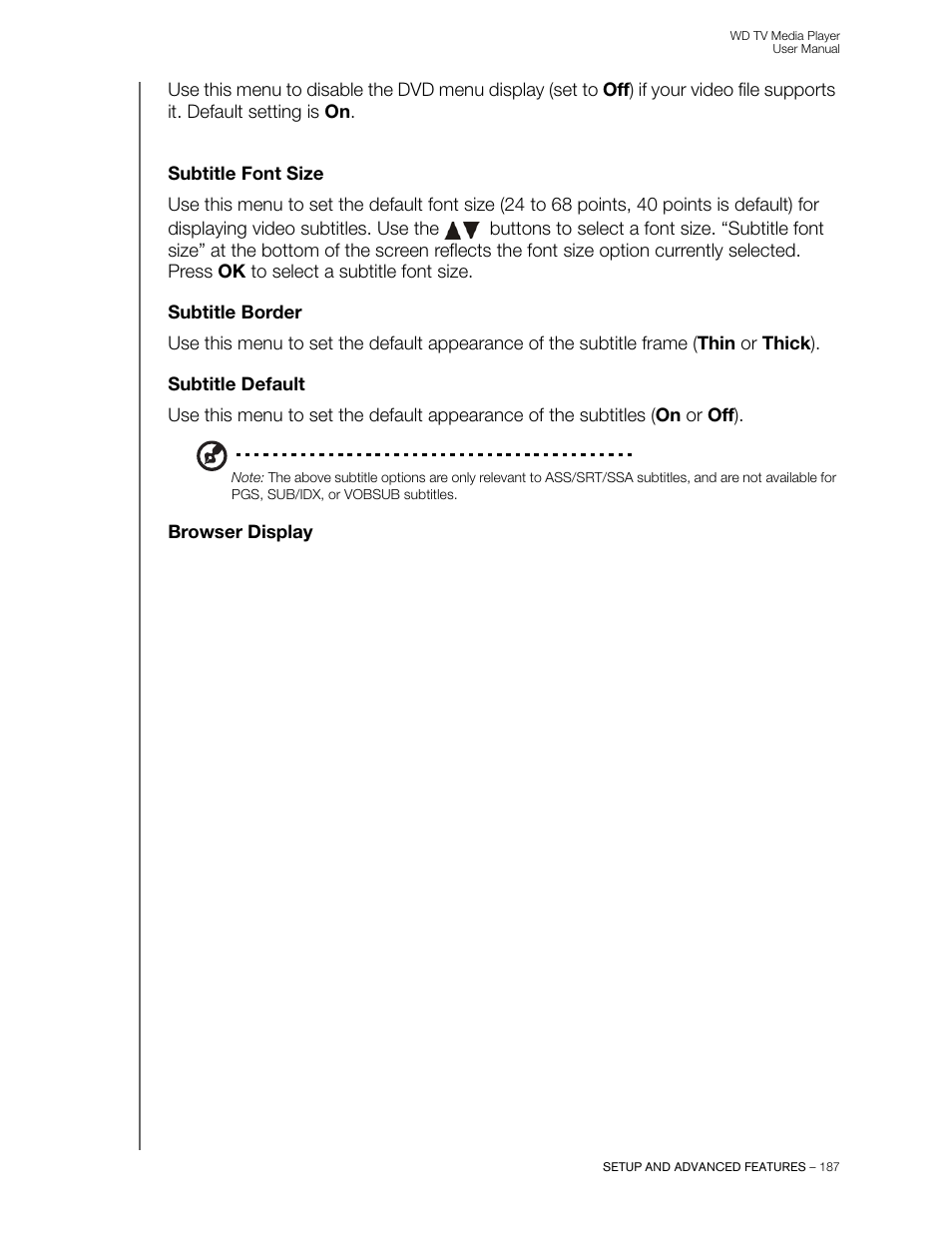 Subtitle font size, Subtitle border, Subtitle default | Browser display | Western Digital WD TV User Manual User Manual | Page 192 / 244
