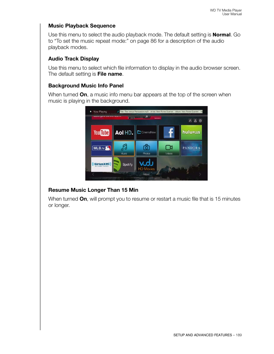 Music playback sequence, Audio track display, Background music info panel | Resume music longer than 15 min | Western Digital WD TV User Manual User Manual | Page 194 / 244