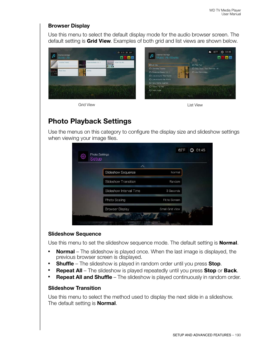 Browser display, Photo playback settings, Slideshow sequence | Slideshow transition | Western Digital WD TV User Manual User Manual | Page 195 / 244