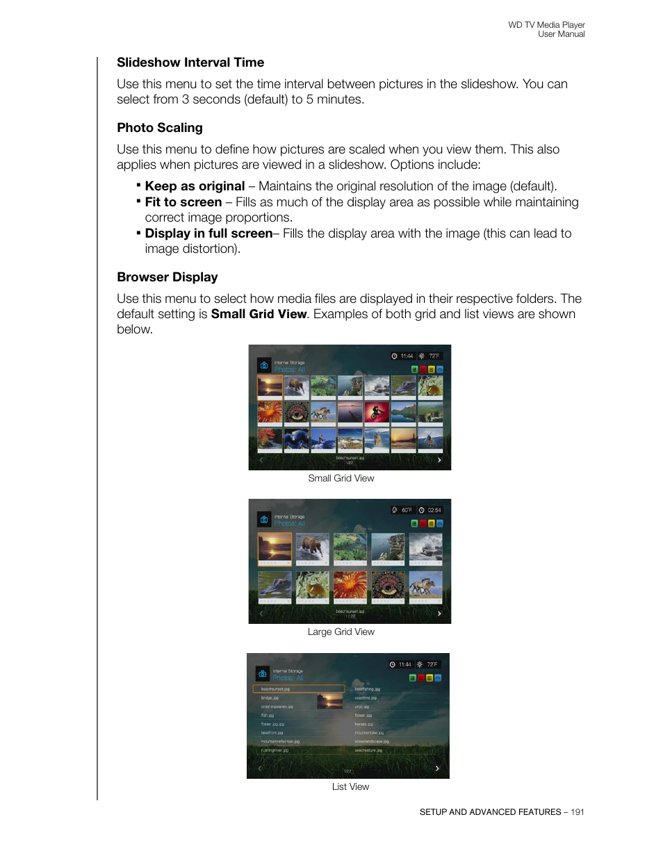 Slideshow interval time, Photo scaling, Browser display | Western Digital WD TV User Manual User Manual | Page 196 / 244