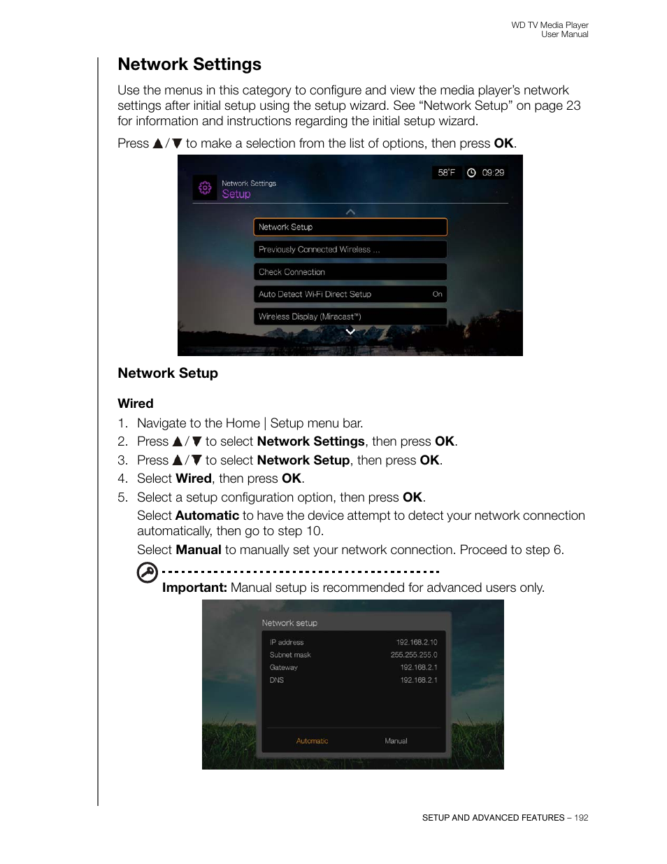 Network settings, Network setup, Wired | Western Digital WD TV User Manual User Manual | Page 197 / 244