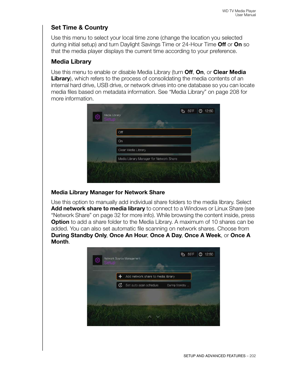 Set time & country, Media library, Media library manager for network share | Western Digital WD TV User Manual User Manual | Page 207 / 244