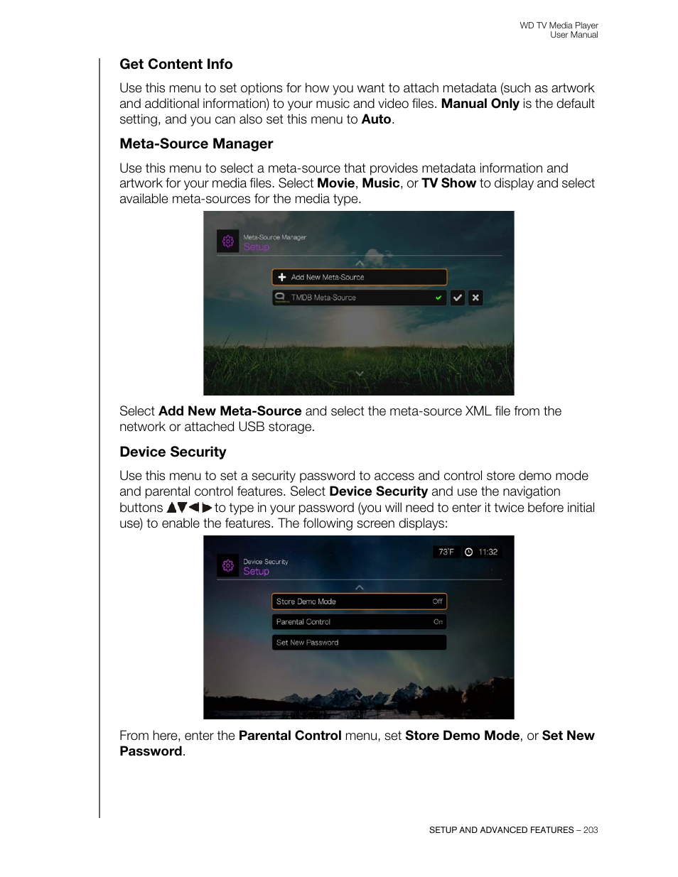 Get content info, Meta-source manager, Device security | Western Digital WD TV User Manual User Manual | Page 208 / 244