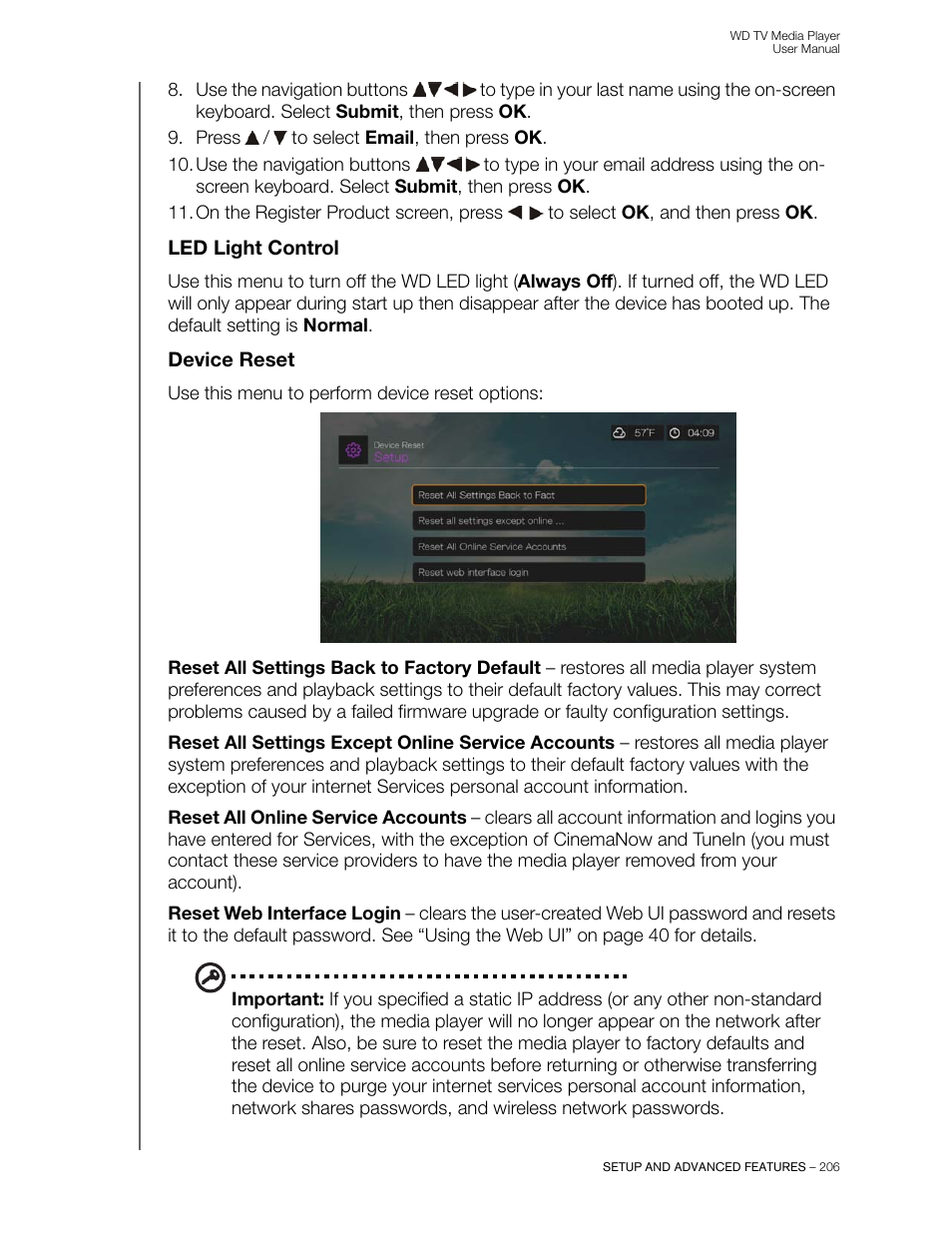 Led light control, Device reset | Western Digital WD TV User Manual User Manual | Page 211 / 244