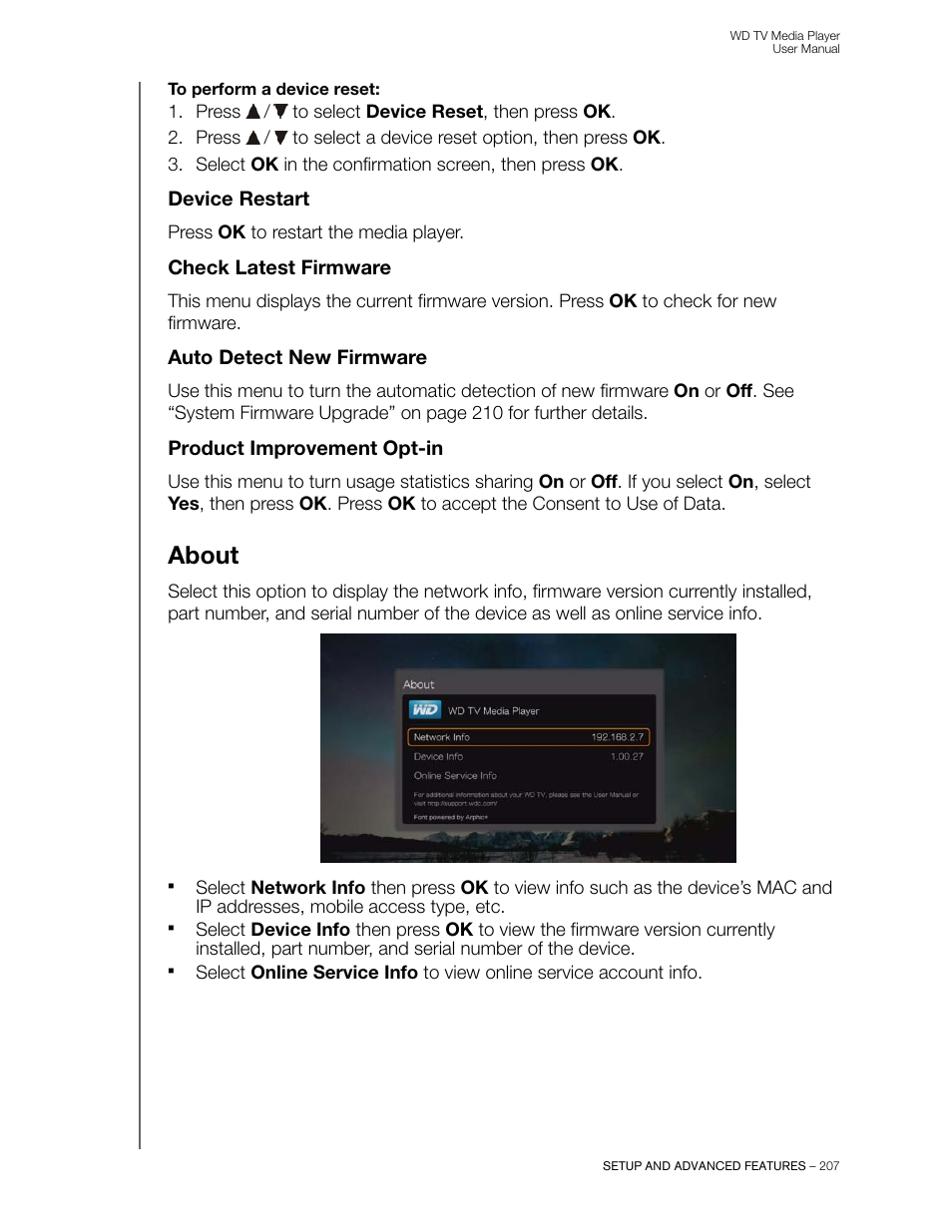 Device restart, Check latest firmware, Auto detect new firmware | Product improvement opt-in, About | Western Digital WD TV User Manual User Manual | Page 212 / 244