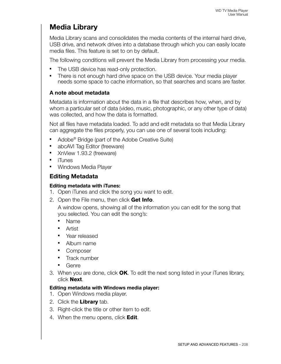 Media library, A note about metadata, Editing metadata | Western Digital WD TV User Manual User Manual | Page 213 / 244