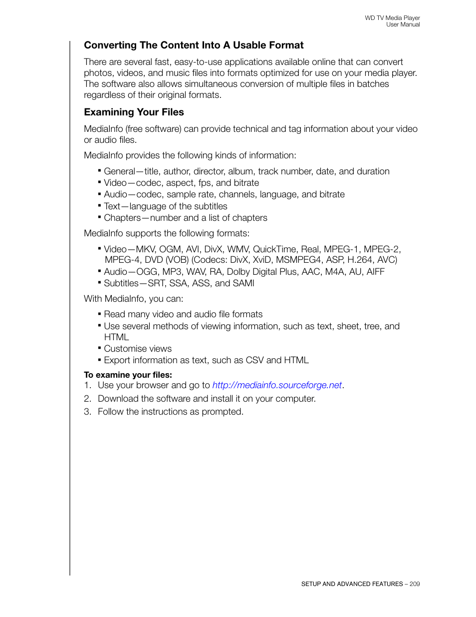 Converting the content into a usable format, Examining your files | Western Digital WD TV User Manual User Manual | Page 214 / 244