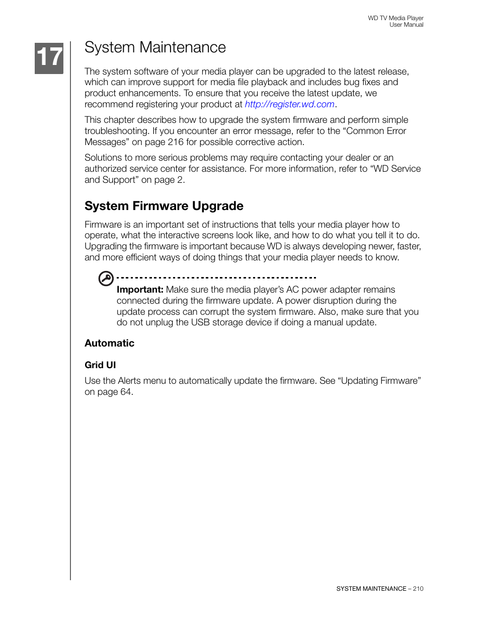 System maintenance, System firmware upgrade, Automatic | Grid ui | Western Digital WD TV User Manual User Manual | Page 215 / 244