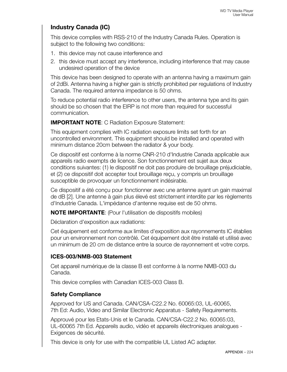 Industry canada (ic), Ices-003/nmb-003 statement, Safety compliance | Western Digital WD TV User Manual User Manual | Page 229 / 244