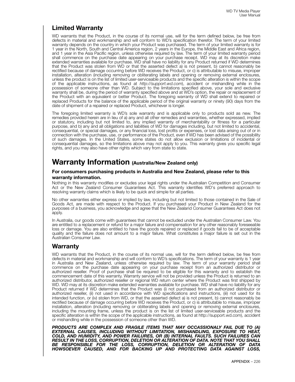 Limited warranty, Warranty information (australia/new zealand only), Warranty | Warranty information | Western Digital WD TV User Manual User Manual | Page 231 / 244