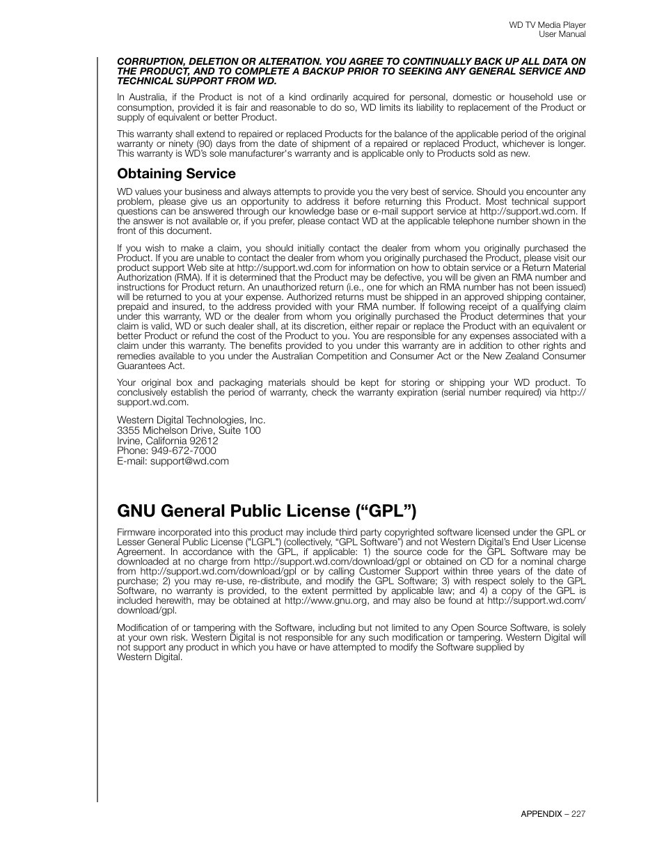 Obtaining service, Gnu general public license (“gpl”) | Western Digital WD TV User Manual User Manual | Page 232 / 244