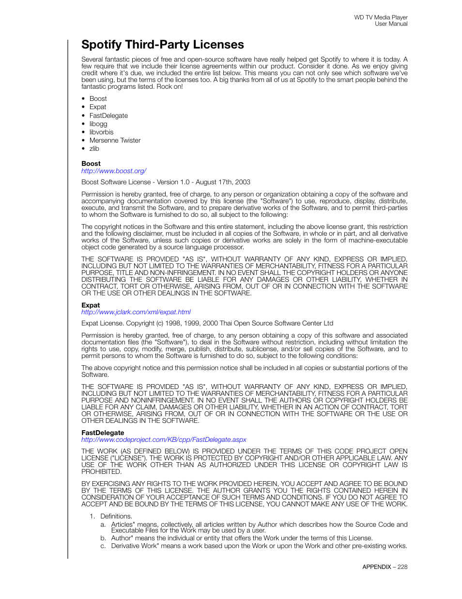 Spotify third-party licenses | Western Digital WD TV User Manual User Manual | Page 233 / 244