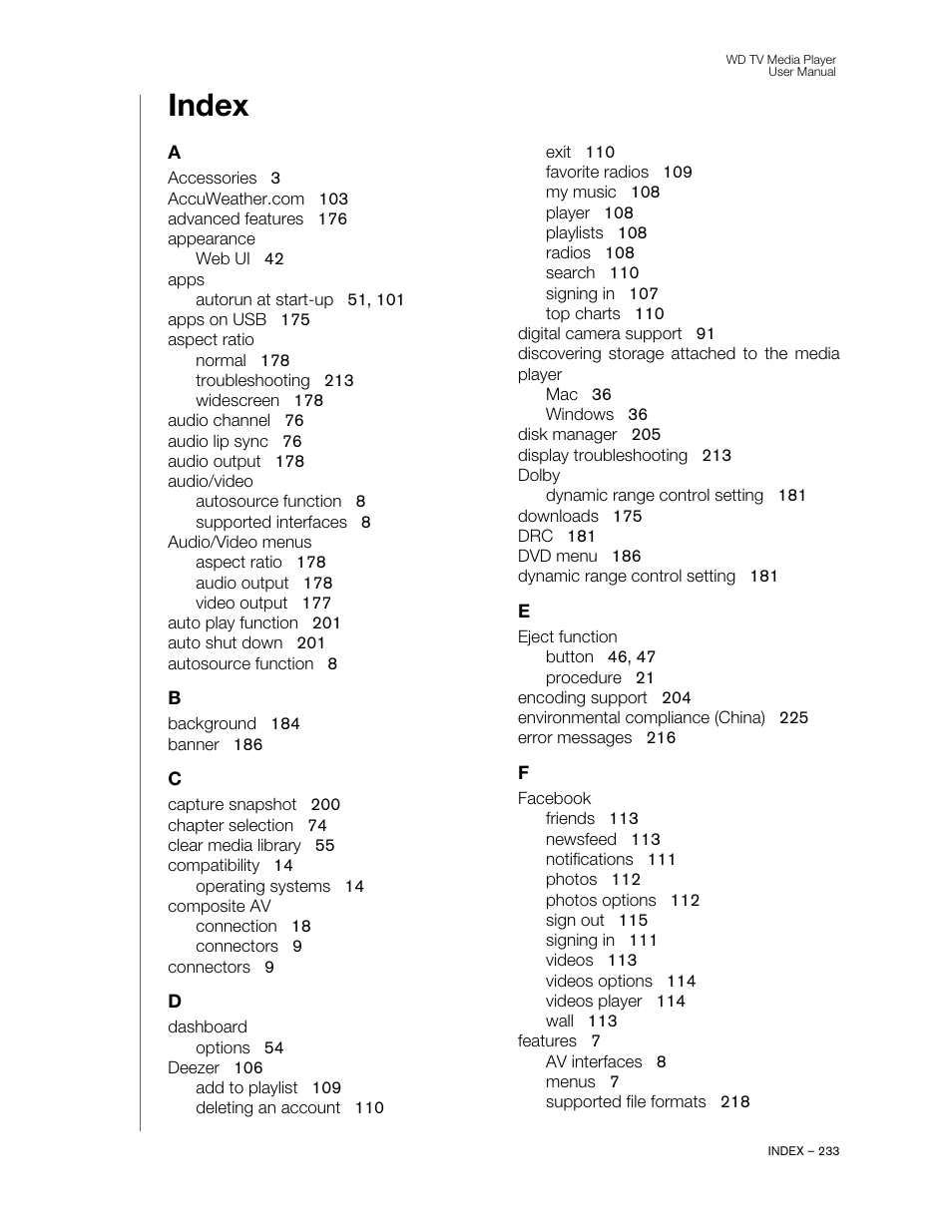 Index | Western Digital WD TV User Manual User Manual | Page 238 / 244