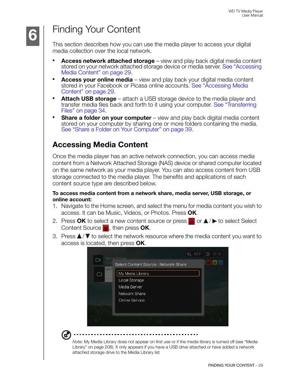 Finding your content, Accessing media content | Western Digital WD TV User Manual User Manual | Page 34 / 244