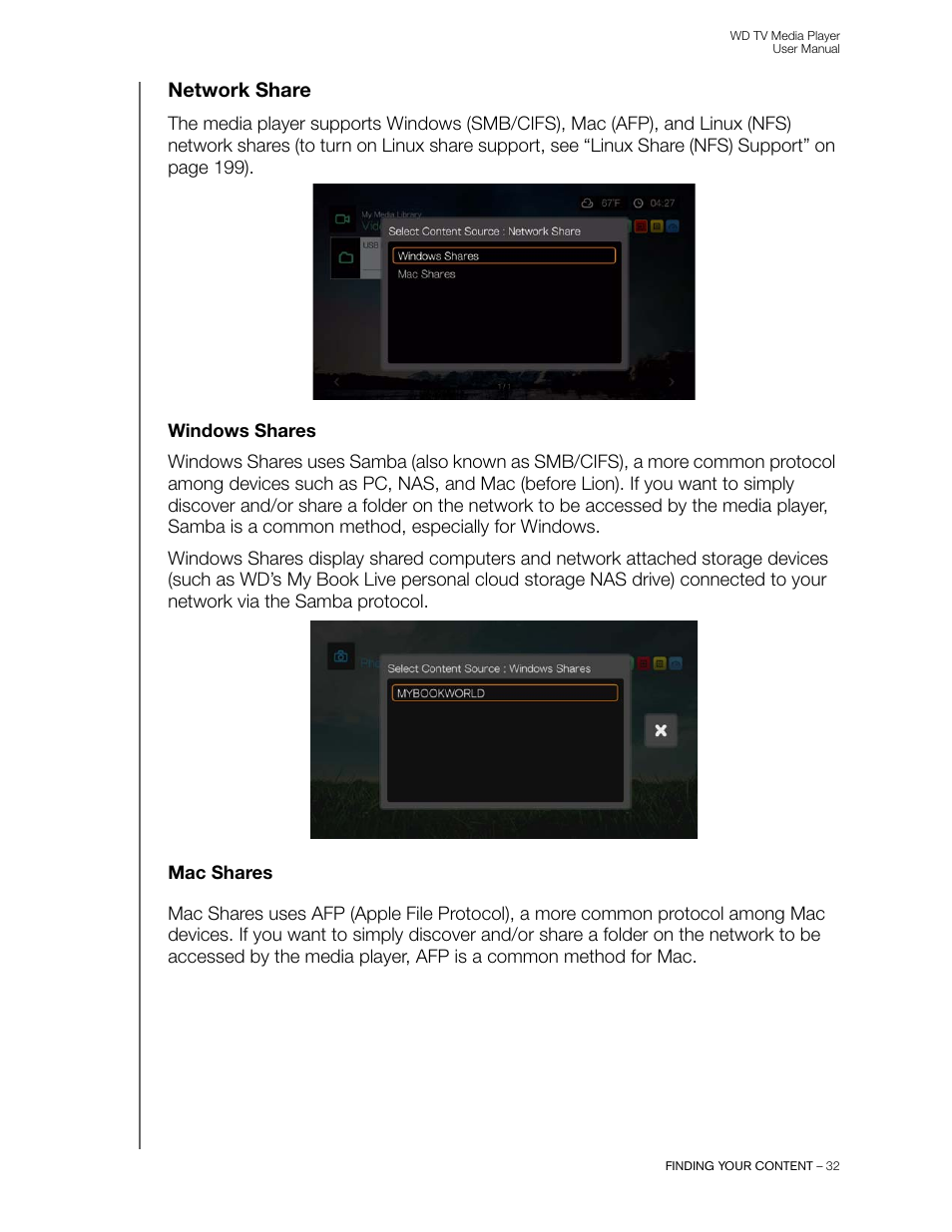 Network share, Windows shares, Mac shares | Western Digital WD TV User Manual User Manual | Page 37 / 244