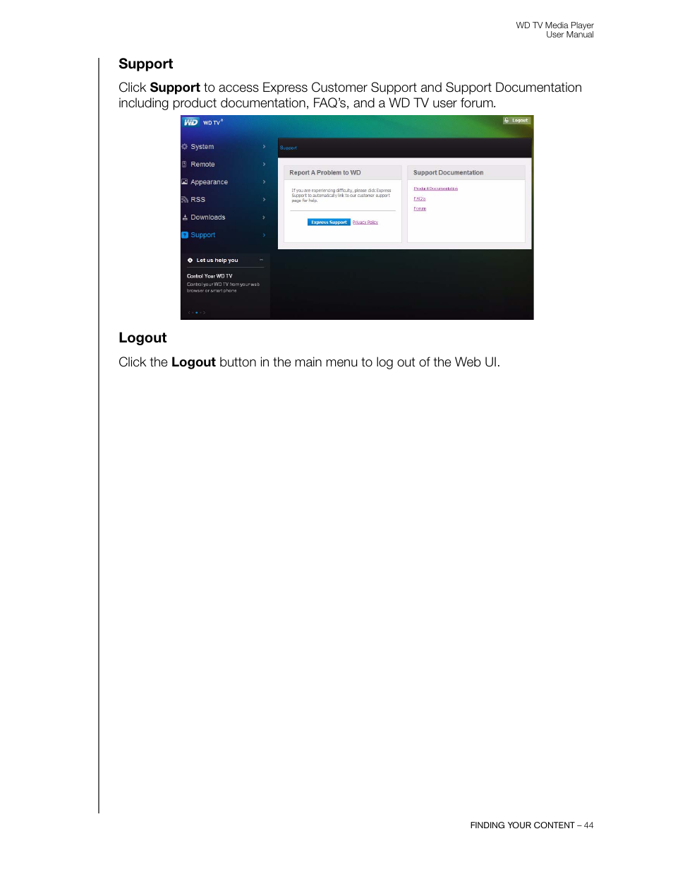 Support, Logout | Western Digital WD TV User Manual User Manual | Page 49 / 244