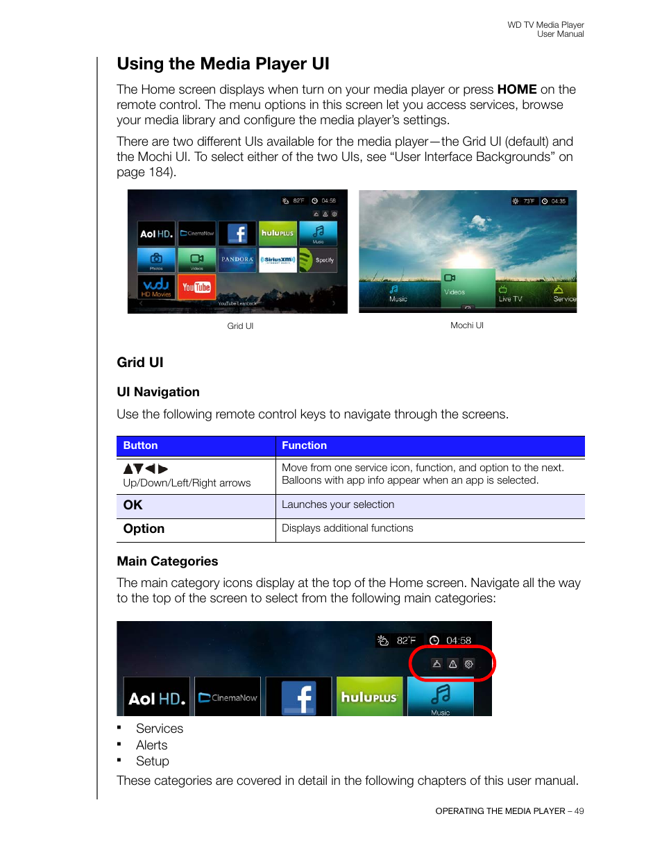 Using the media player ui, Grid ui, Ui navigation | Main categories | Western Digital WD TV User Manual User Manual | Page 54 / 244
