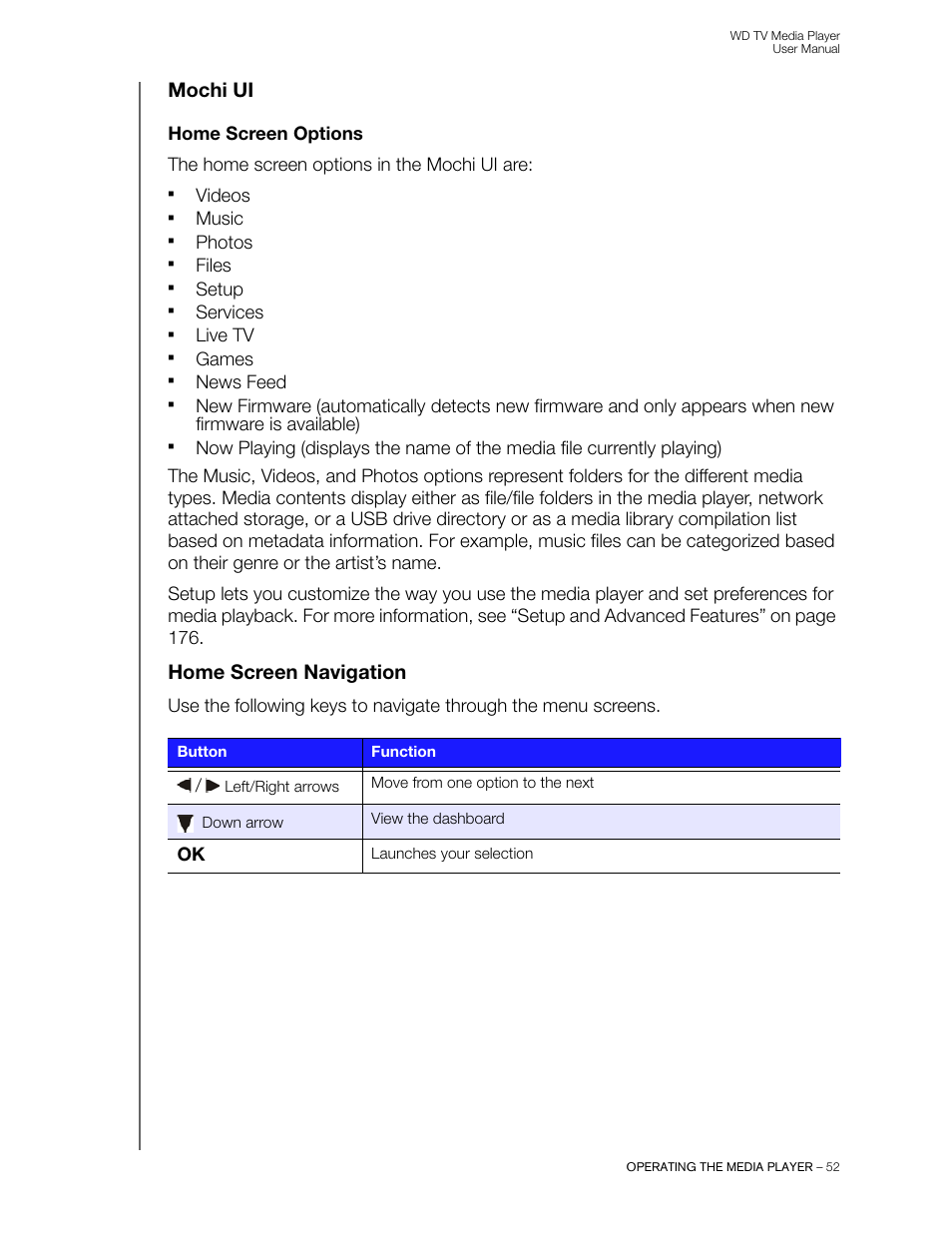 Mochi ui, Home screen options, Home screen navigation | Western Digital WD TV User Manual User Manual | Page 57 / 244