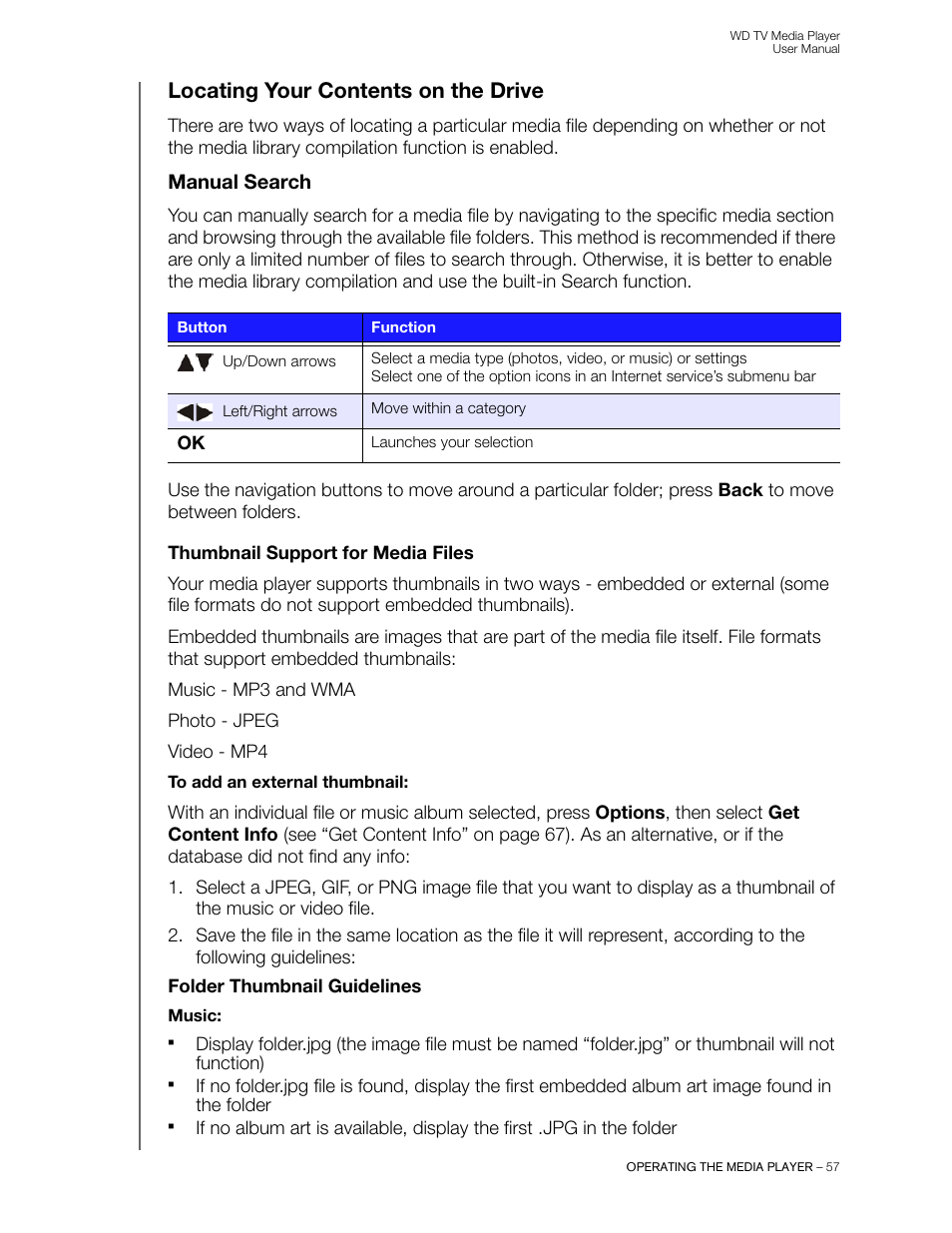 Locating your contents on the drive, Manual search, Thumbnail support for media files | Western Digital WD TV User Manual User Manual | Page 62 / 244