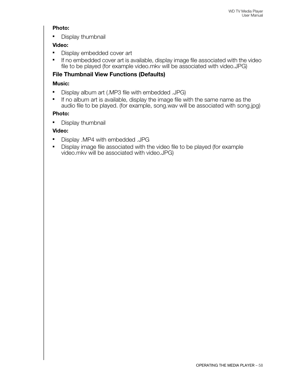 Display thumbnail, Display embedded cover art, Display album art (.mp3 file with embedded .jpg) | Display .mp4 with embedded .jpg | Western Digital WD TV User Manual User Manual | Page 63 / 244