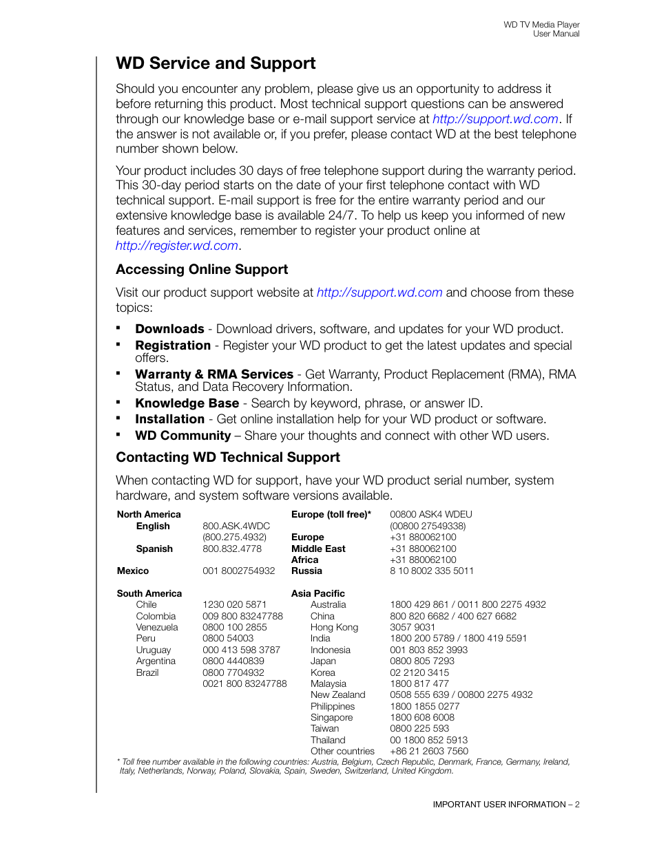 Wd service and support, Accessing online support, Contacting wd technical support | Western Digital WD TV User Manual User Manual | Page 7 / 244