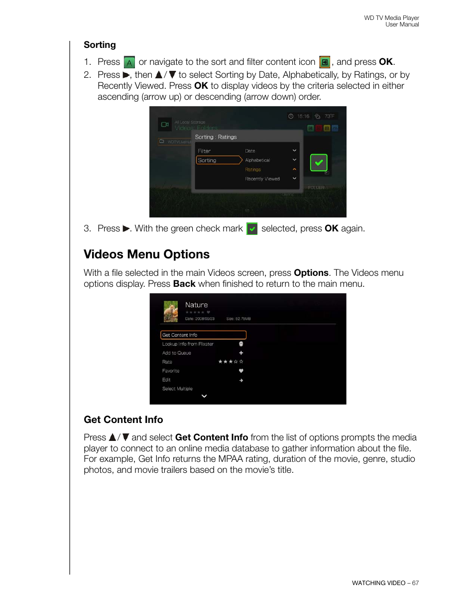 Sorting, Videos menu options, Get content info | Western Digital WD TV User Manual User Manual | Page 72 / 244