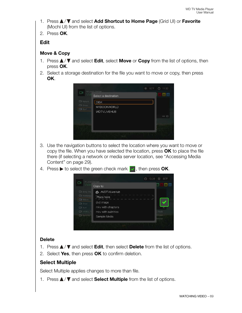 Edit, Move & copy, Delete | Select multiple | Western Digital WD TV User Manual User Manual | Page 74 / 244