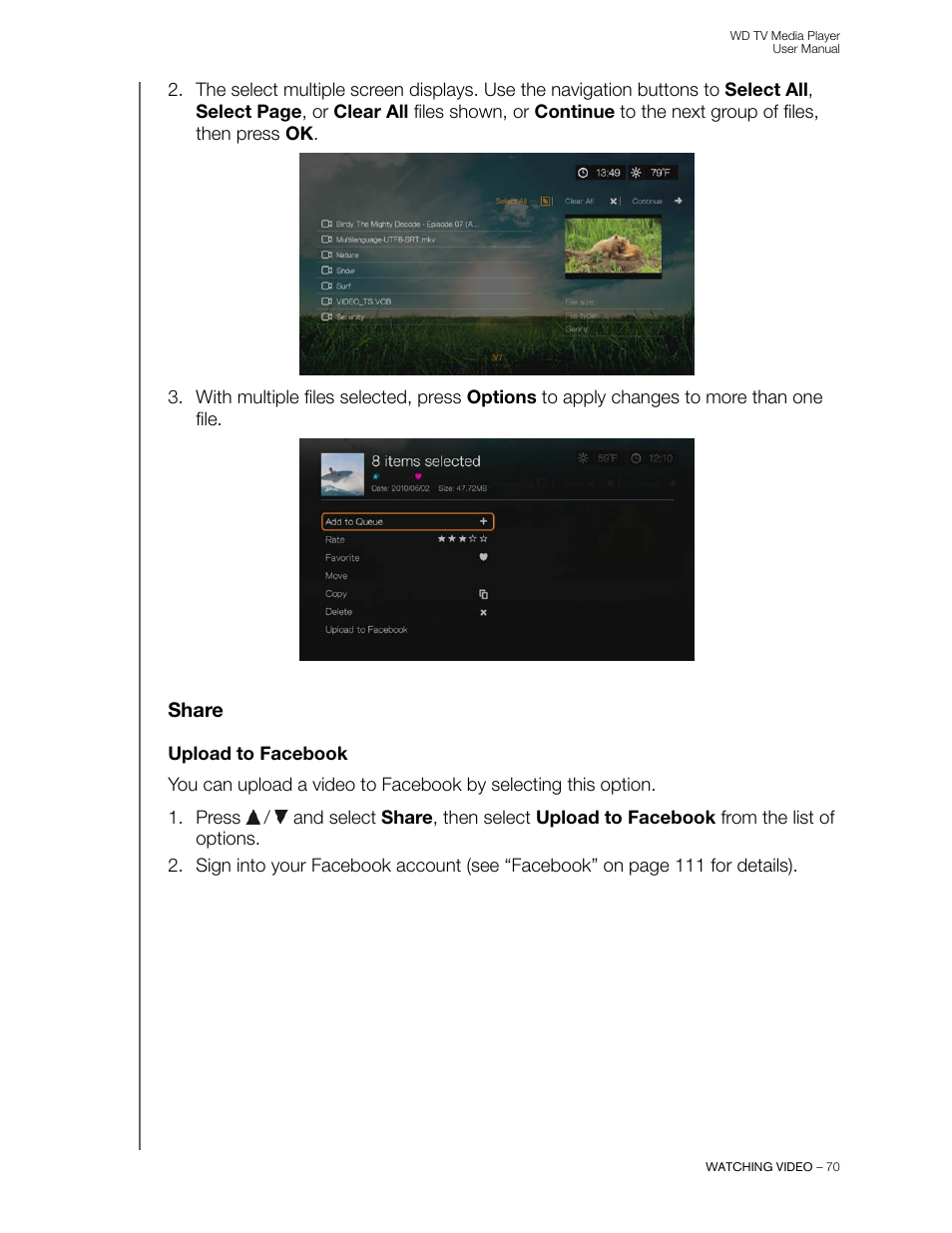 Share, Upload to facebook | Western Digital WD TV User Manual User Manual | Page 75 / 244