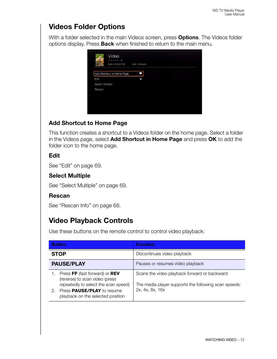 Videos folder options, Edit, Select multiple | Rescan, Video playback controls | Western Digital WD TV User Manual User Manual | Page 77 / 244