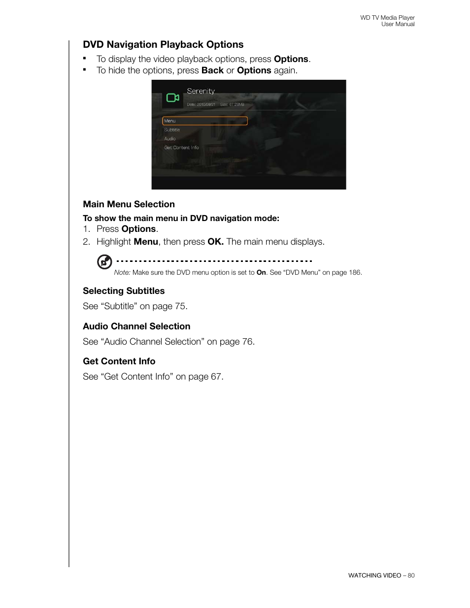 Dvd navigation playback options, Main menu selection, Selecting subtitles | Audio channel selection, Get content info | Western Digital WD TV User Manual User Manual | Page 85 / 244