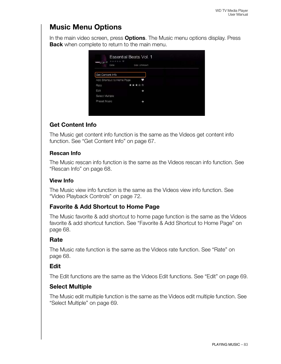 Music menu options, Get content info, Rescan info | View info, Rate, Edit, Select multiple | Western Digital WD TV User Manual User Manual | Page 88 / 244