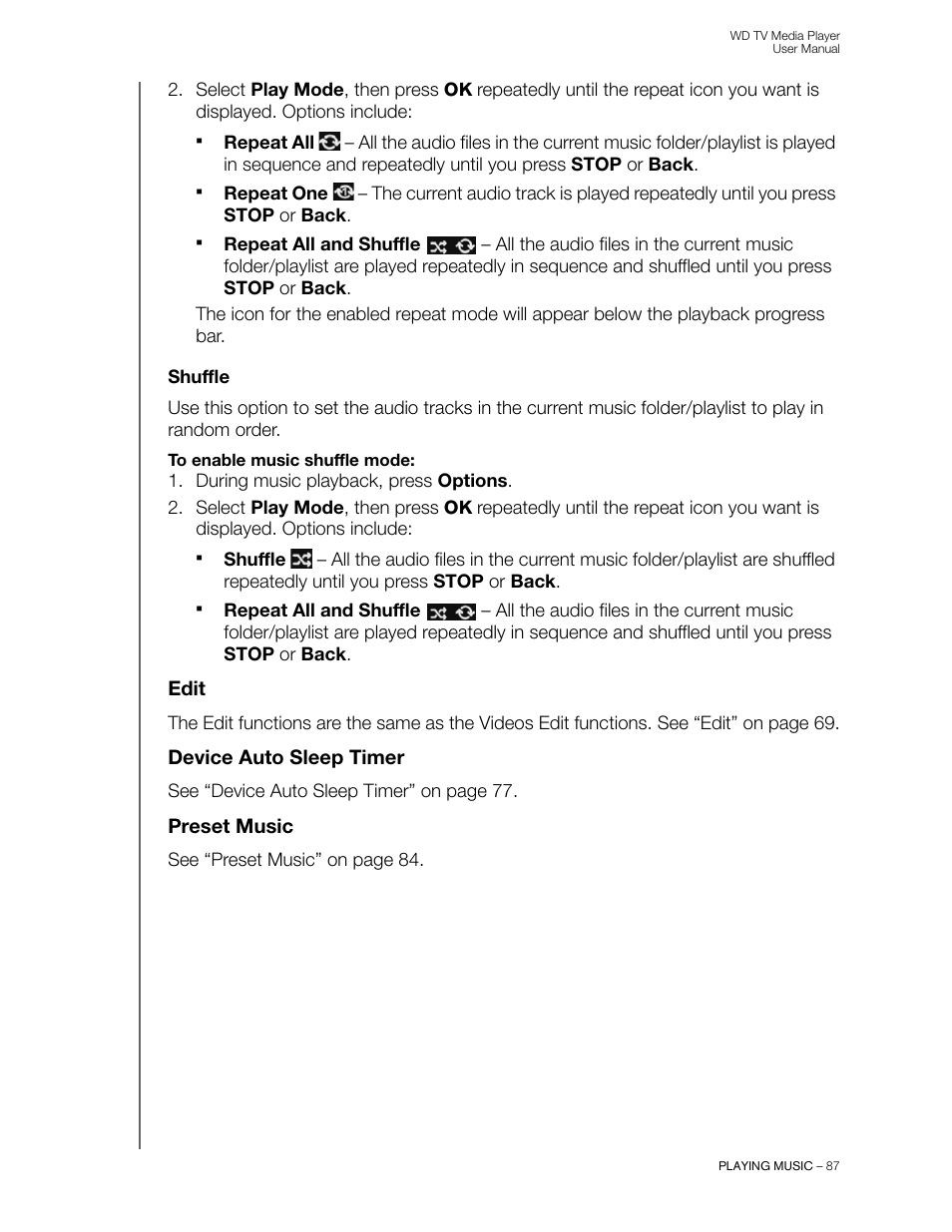 Shuffle, Edit, Device auto sleep timer | Preset music | Western Digital WD TV User Manual User Manual | Page 92 / 244