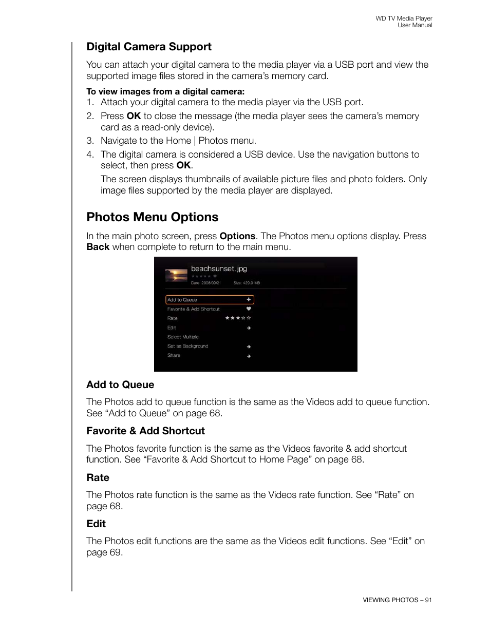 Digital camera support, Photos menu options, Add to queue | Favorite & add shortcut, Rate, Edit | Western Digital WD TV User Manual User Manual | Page 96 / 244