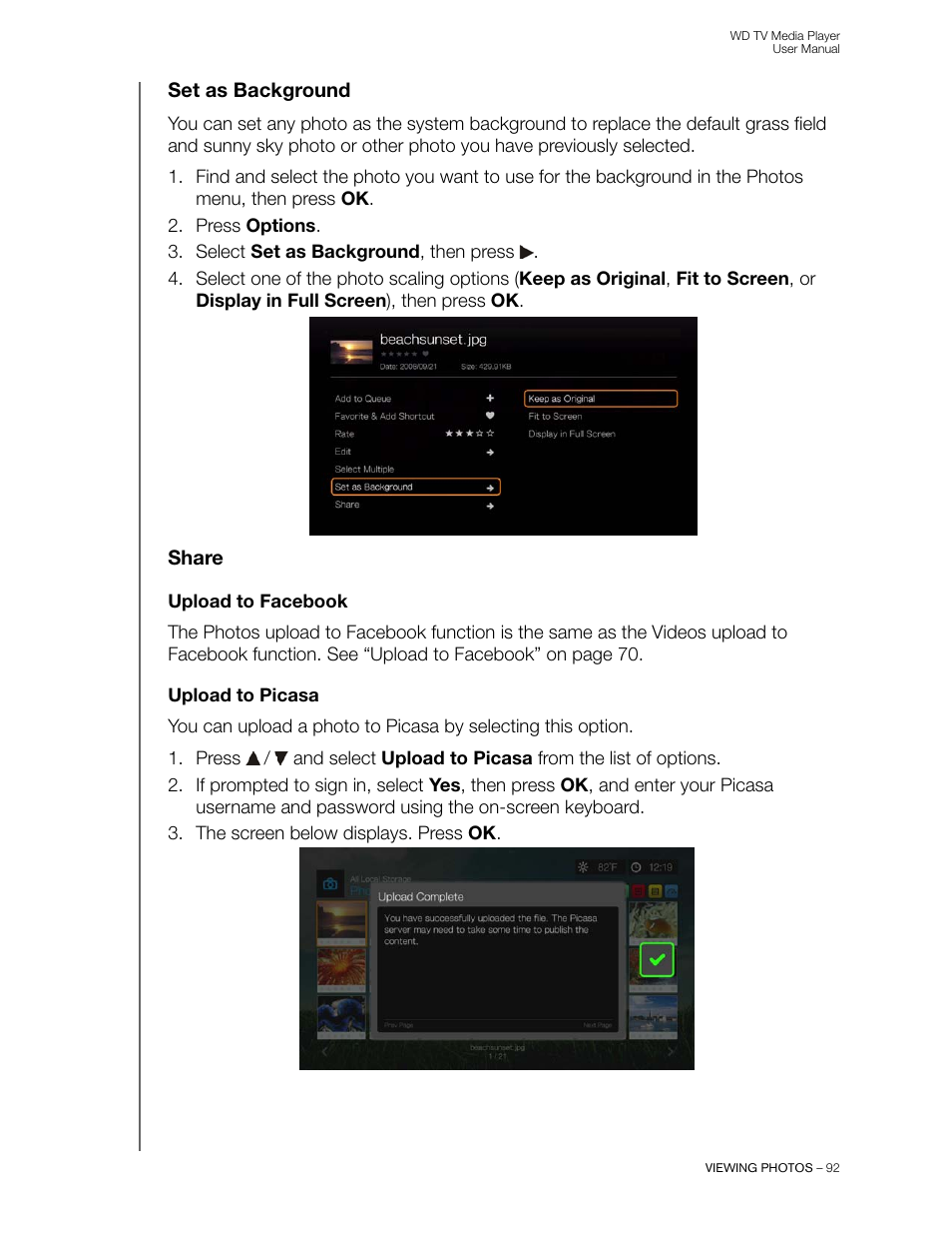 Set as background, Share, Upload to facebook | Upload to picasa | Western Digital WD TV User Manual User Manual | Page 97 / 244